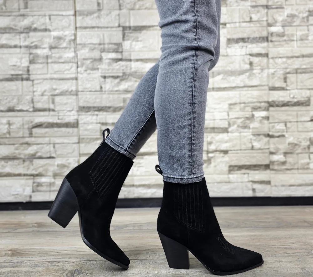 Botine elegante, dama, EPICA, Z72979 negru, piele intoarsa, cu toc
