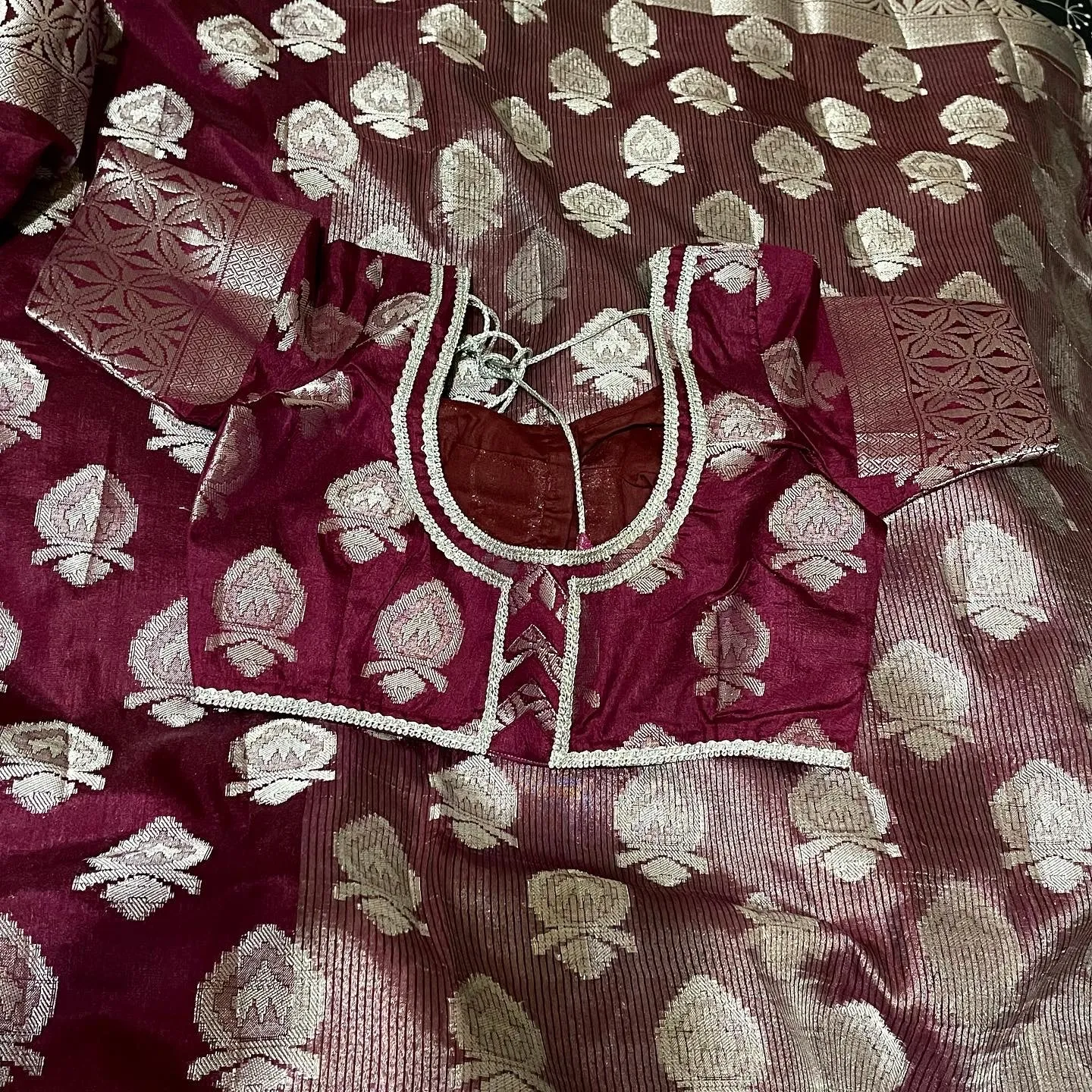 Burgandy Color Silver Zari South Tusser silk Saree with Stitched Blouse