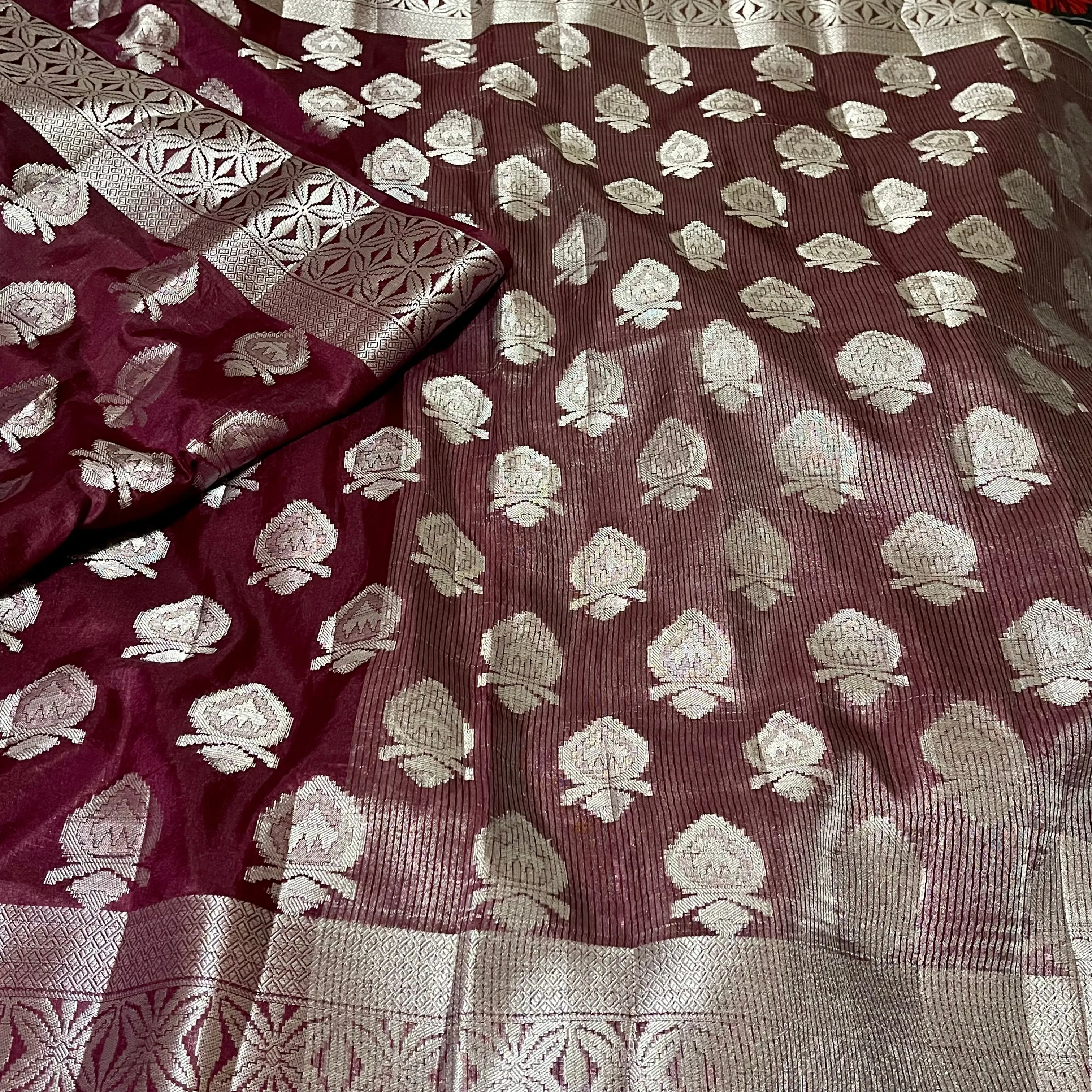 Burgandy Color Silver Zari South Tusser silk Saree with Stitched Blouse