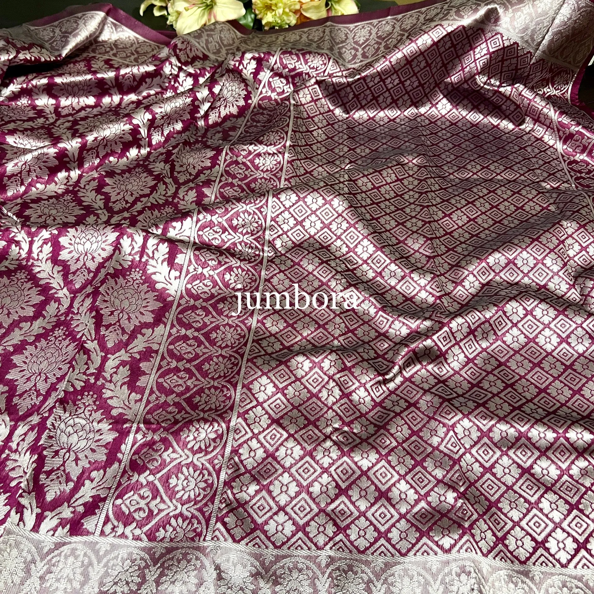 Burgundy Wine Color Brocade Banarasi Tanchoi Silk Saree with Stitched Blouse