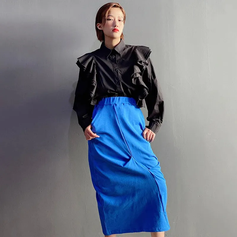 Casual Colorblock Ruffle Trim Shirt For Women Lapel Long Sleeve Chic Blouse Female Fashion Clothing Style