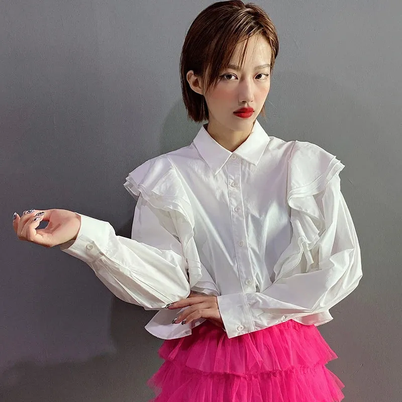 Casual Colorblock Ruffle Trim Shirt For Women Lapel Long Sleeve Chic Blouse Female Fashion Clothing Style
