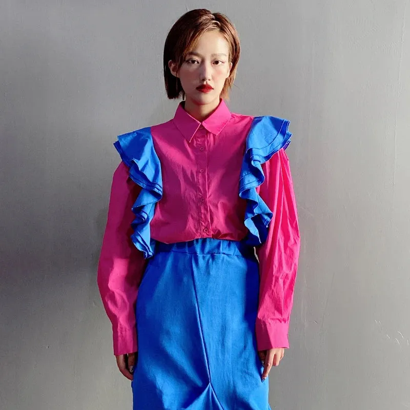 Casual Colorblock Ruffle Trim Shirt For Women Lapel Long Sleeve Chic Blouse Female Fashion Clothing Style