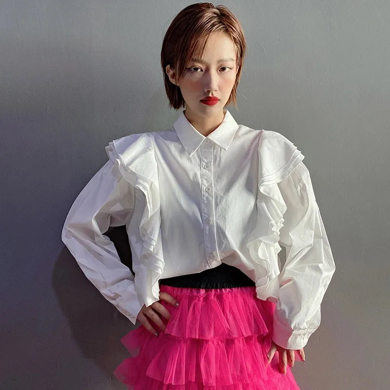 Casual Colorblock Ruffle Trim Shirt For Women Lapel Long Sleeve Chic Blouse Female Fashion Clothing Style