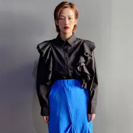 Casual Colorblock Ruffle Trim Shirt For Women Lapel Long Sleeve Chic Blouse Female Fashion Clothing Style