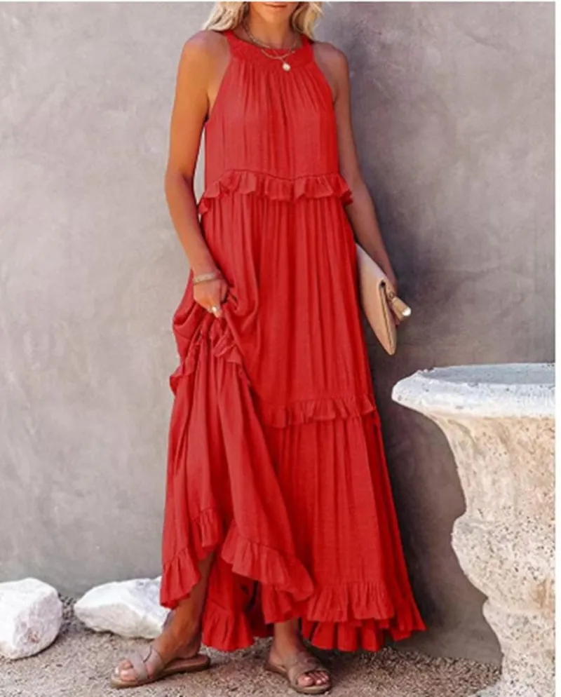 Casual Elegant Ruffle Halter Sleeveless Classic Female Party Outfits Beach Maxi Dress