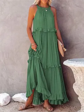Casual Elegant Ruffle Halter Sleeveless Classic Female Party Outfits Beach Maxi Dress