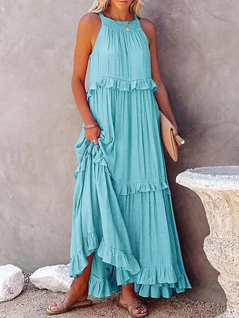 Casual Elegant Ruffle Halter Sleeveless Classic Female Party Outfits Beach Maxi Dress
