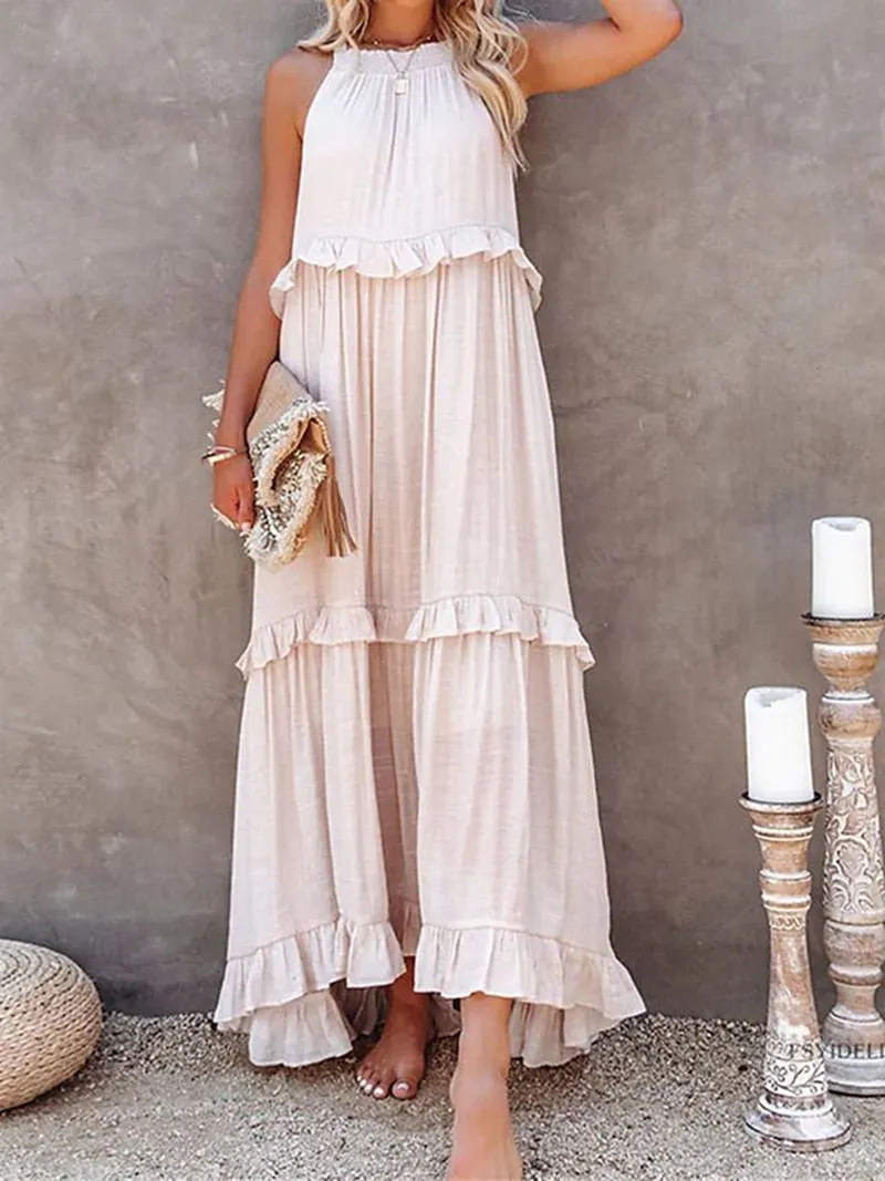 Casual Elegant Ruffle Halter Sleeveless Classic Female Party Outfits Beach Maxi Dress