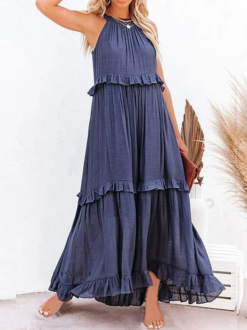 Casual Elegant Ruffle Halter Sleeveless Classic Female Party Outfits Beach Maxi Dress