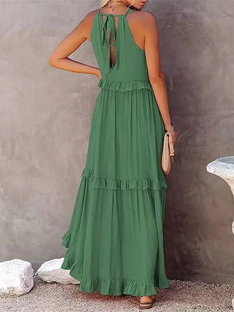 Casual Elegant Ruffle Halter Sleeveless Classic Female Party Outfits Beach Maxi Dress