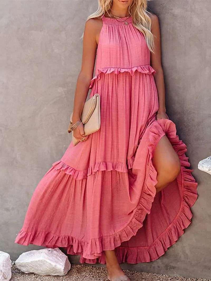 Casual Elegant Ruffle Halter Sleeveless Classic Female Party Outfits Beach Maxi Dress