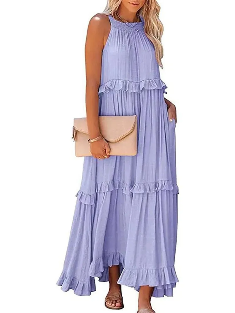 Casual Elegant Ruffle Halter Sleeveless Classic Female Party Outfits Beach Maxi Dress