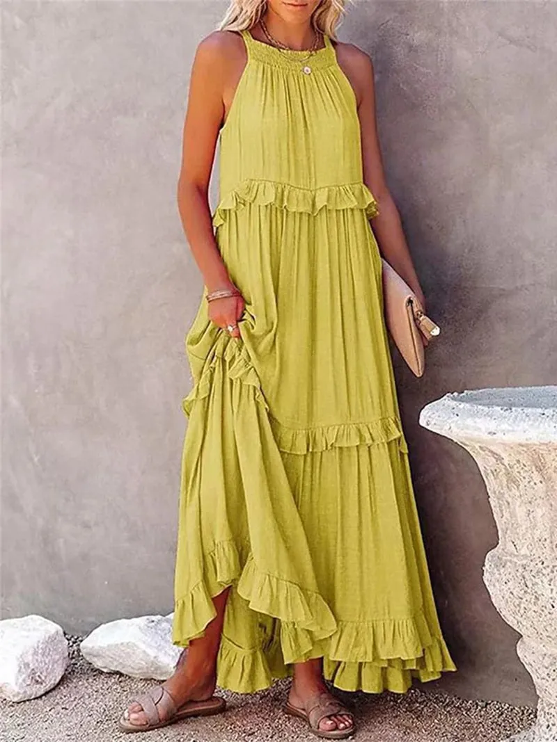 Casual Elegant Ruffle Halter Sleeveless Classic Female Party Outfits Beach Maxi Dress