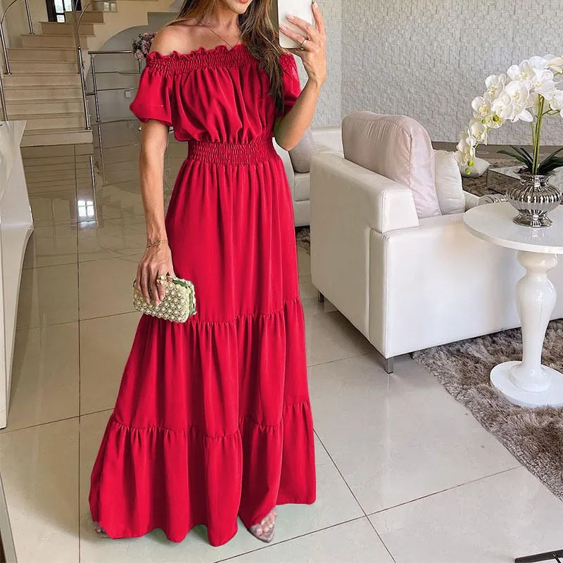 Casual Elegant Ruffle Halter Sleeveless Classic Female Party Outfits Beach Maxi Dress