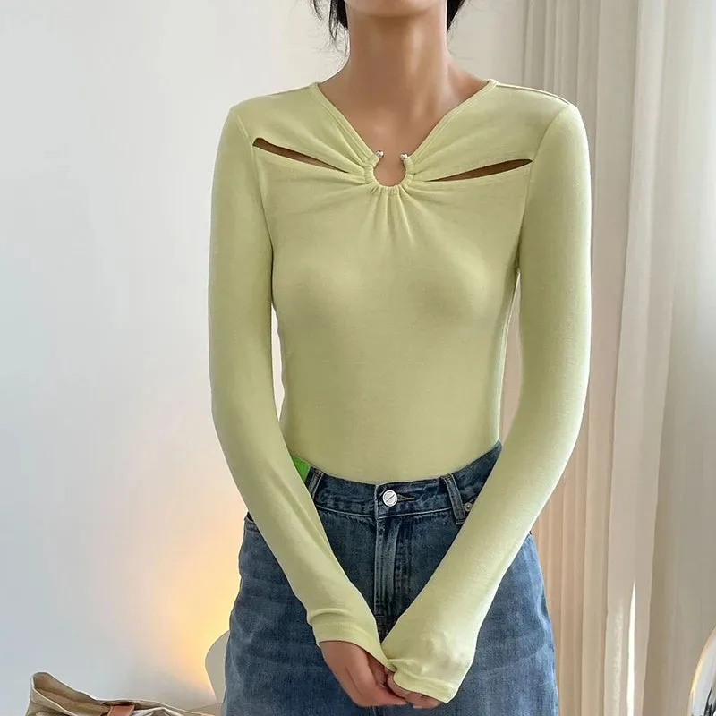 Casual Slim Solid Cut Out T Shirt Female V Neck Long Sleeve Gathered Waist Korean Fashion T Shirts For Women Autumn