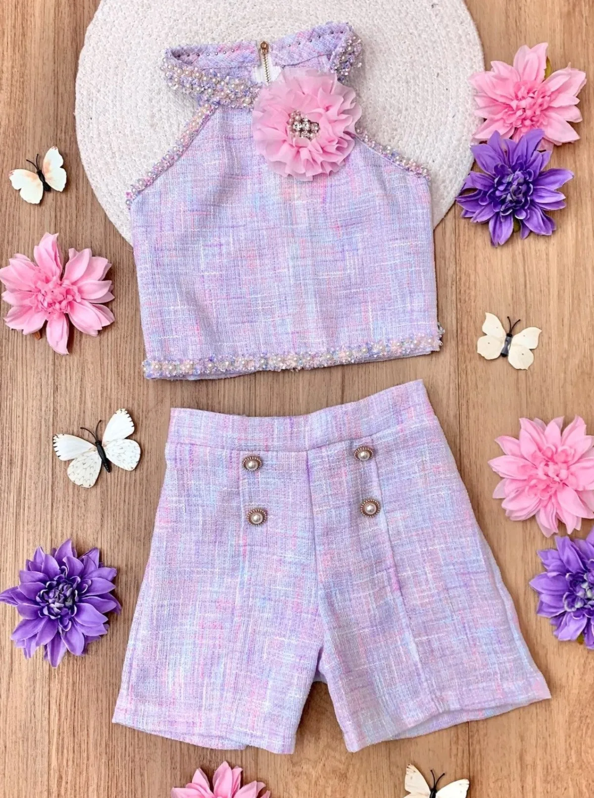 Celebrate With Flair Pastel Halter Tweed Top and Short Set