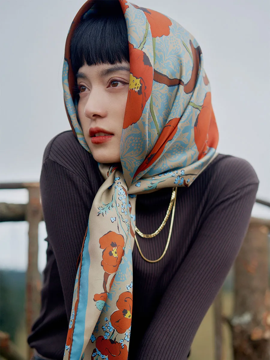 Chowxiaodou Rose Print Twill Silk Square Scarf-Bronze Blue