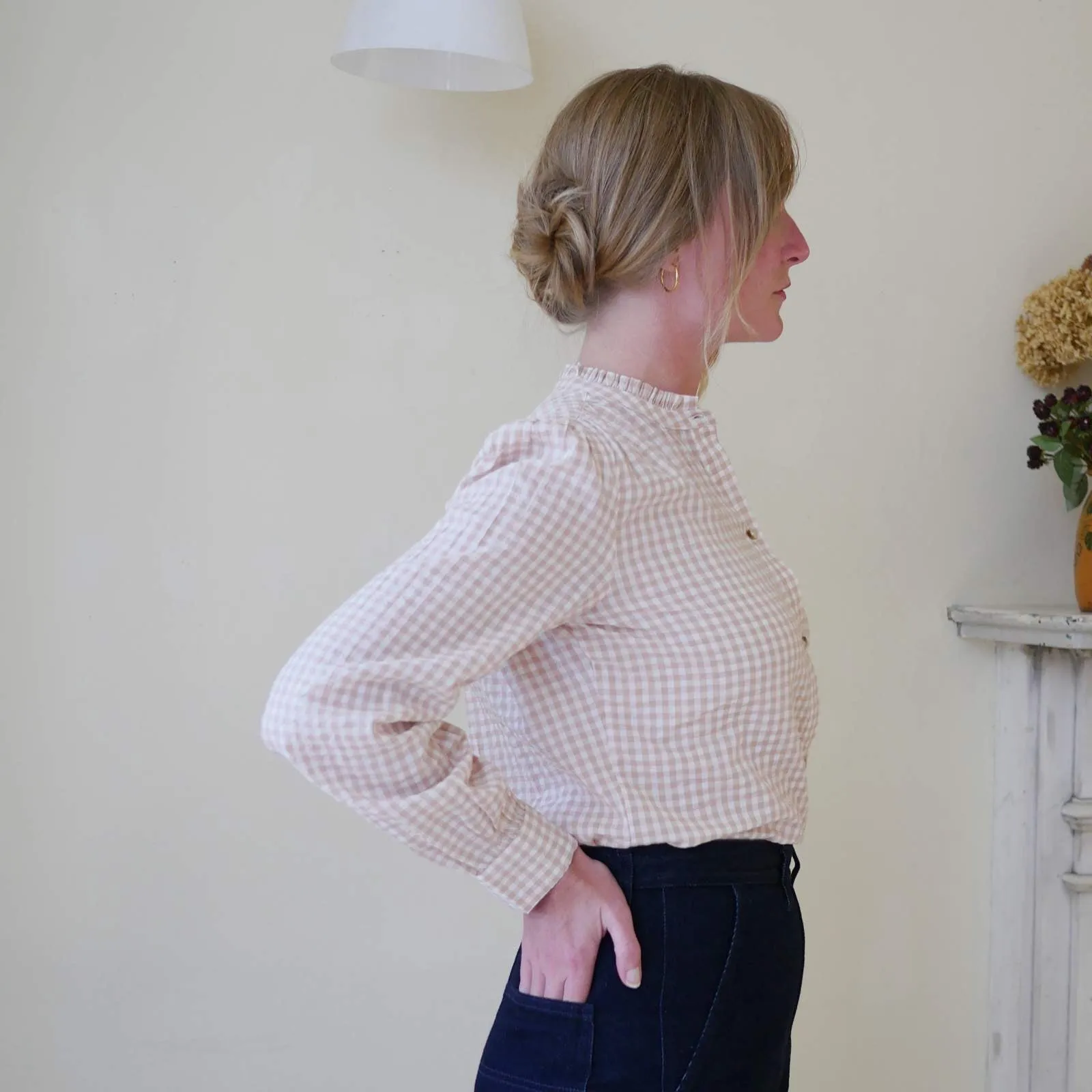 Collarless Blouse - Blush Gingham