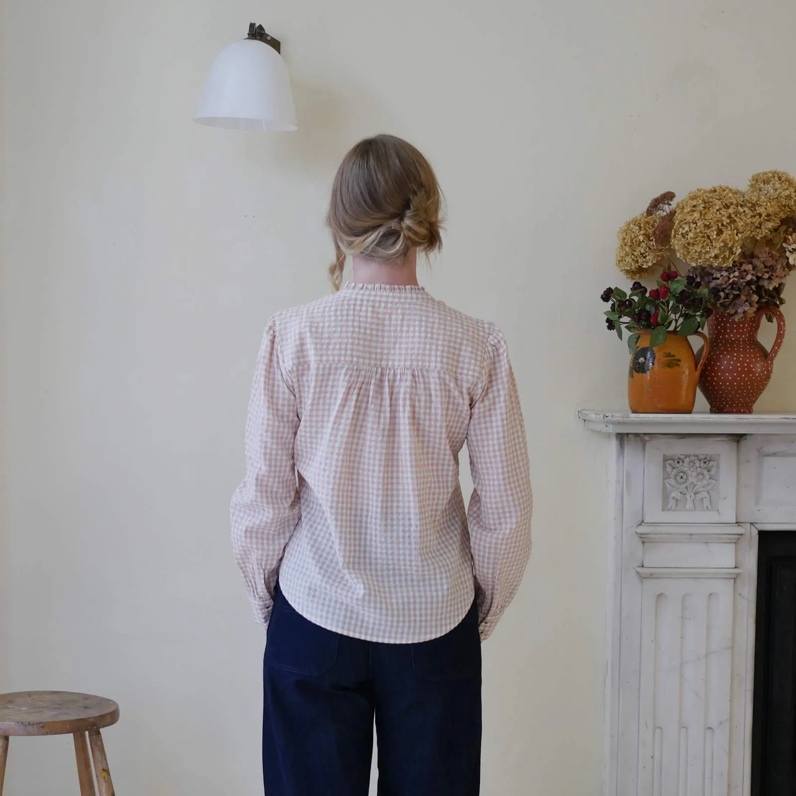 Collarless Blouse - Blush Gingham