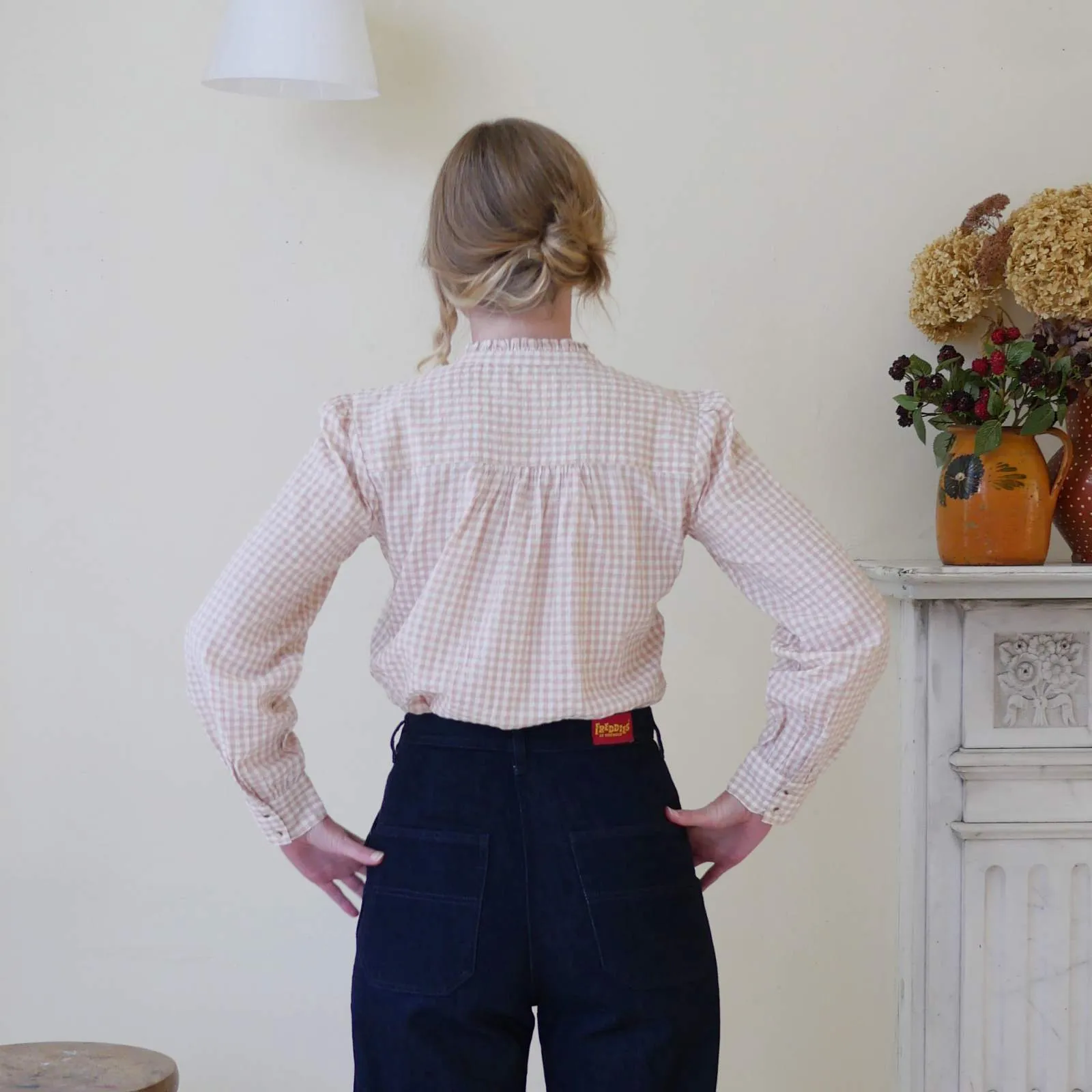 Collarless Blouse - Blush Gingham