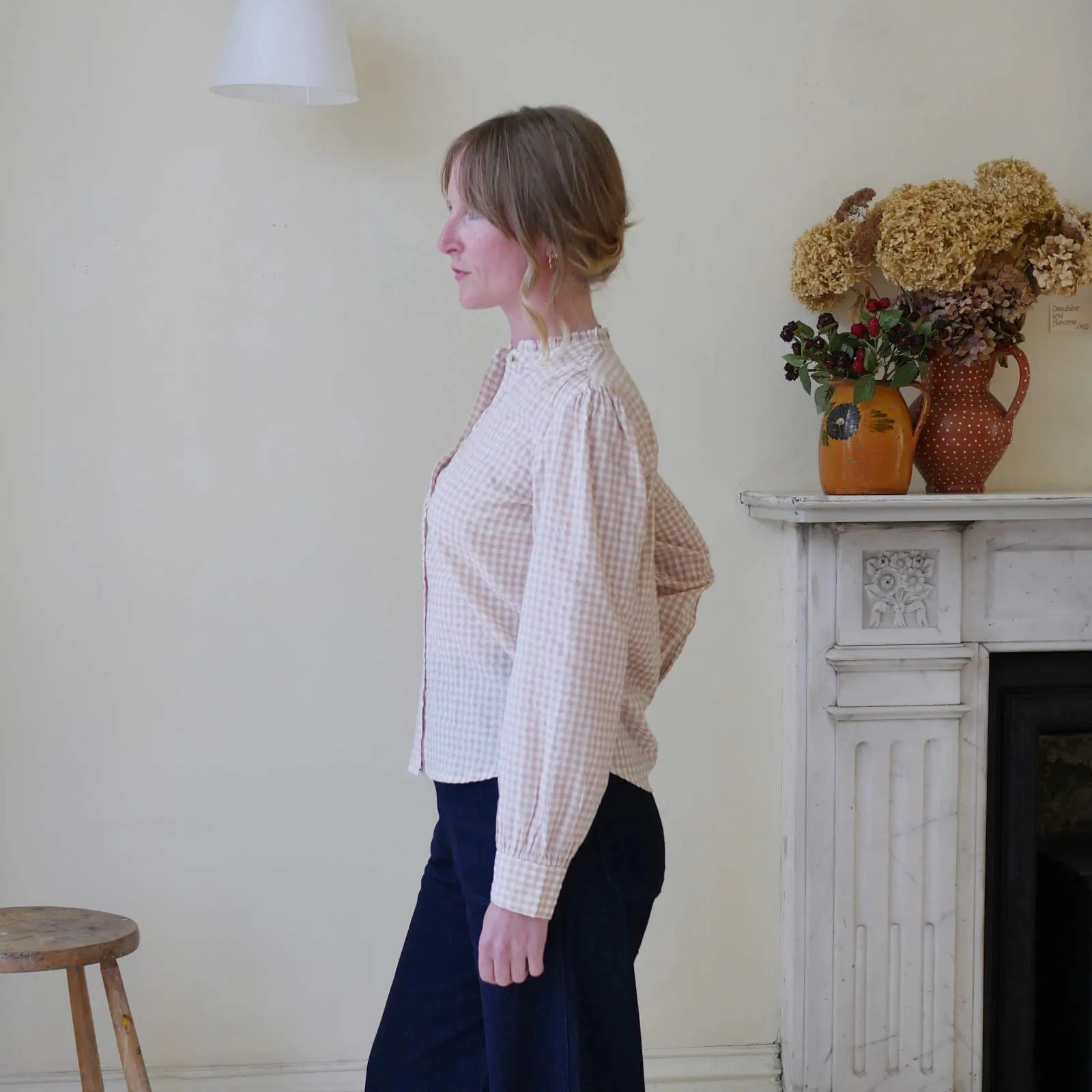 Collarless Blouse - Blush Gingham