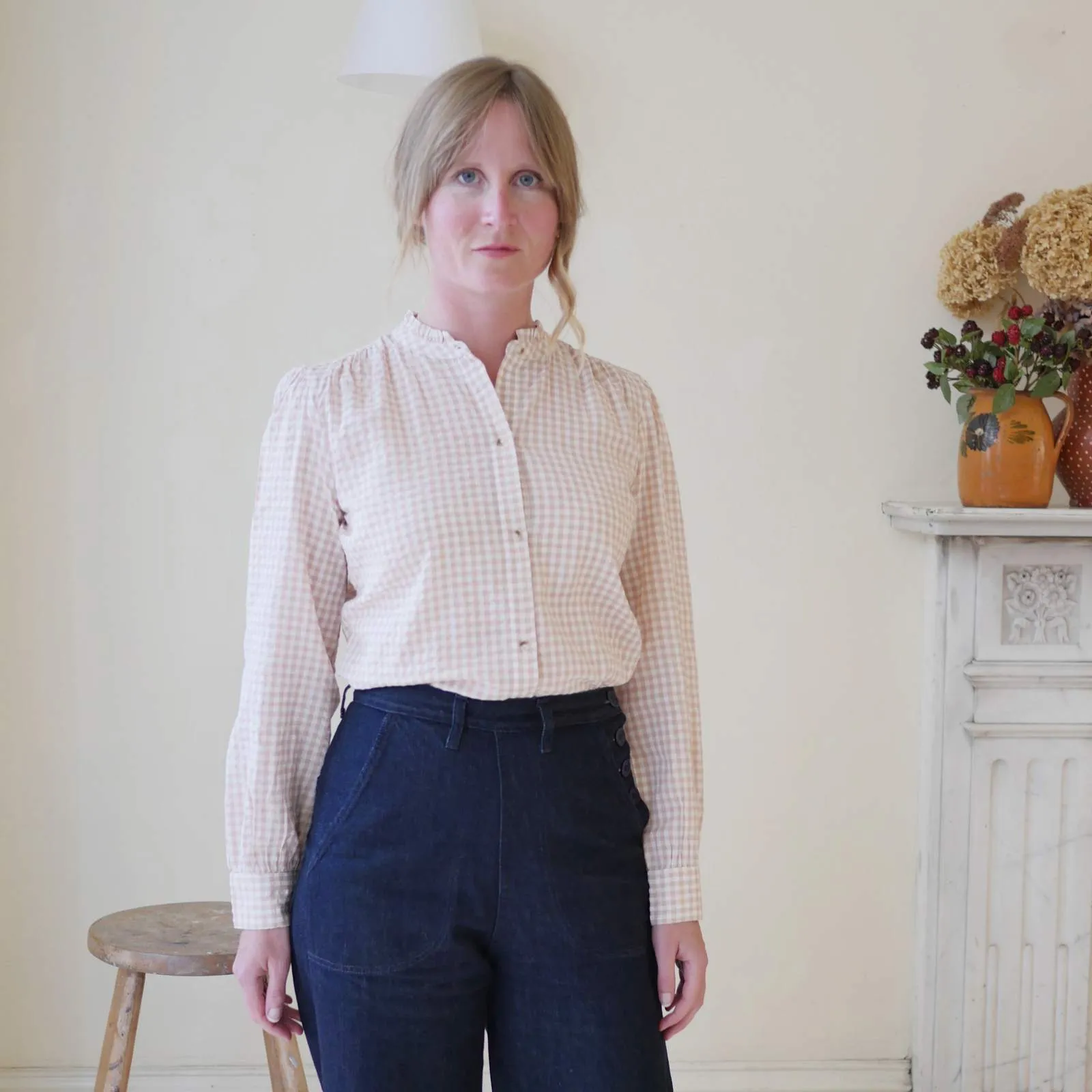 Collarless Blouse - Blush Gingham