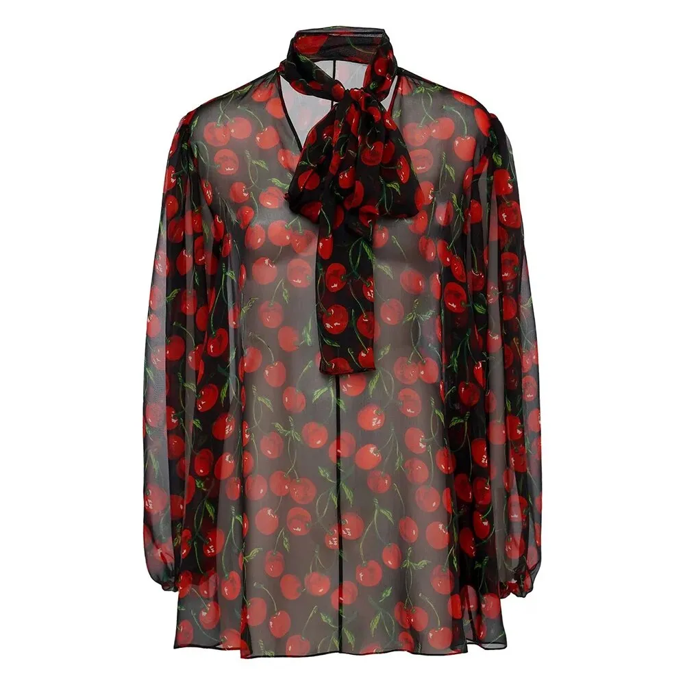 Colorblock Printing Sheer Mesh Shirts For Women V Neck Long Sleeve Patchwork Lace Up Sexy Shirt Female Fashion