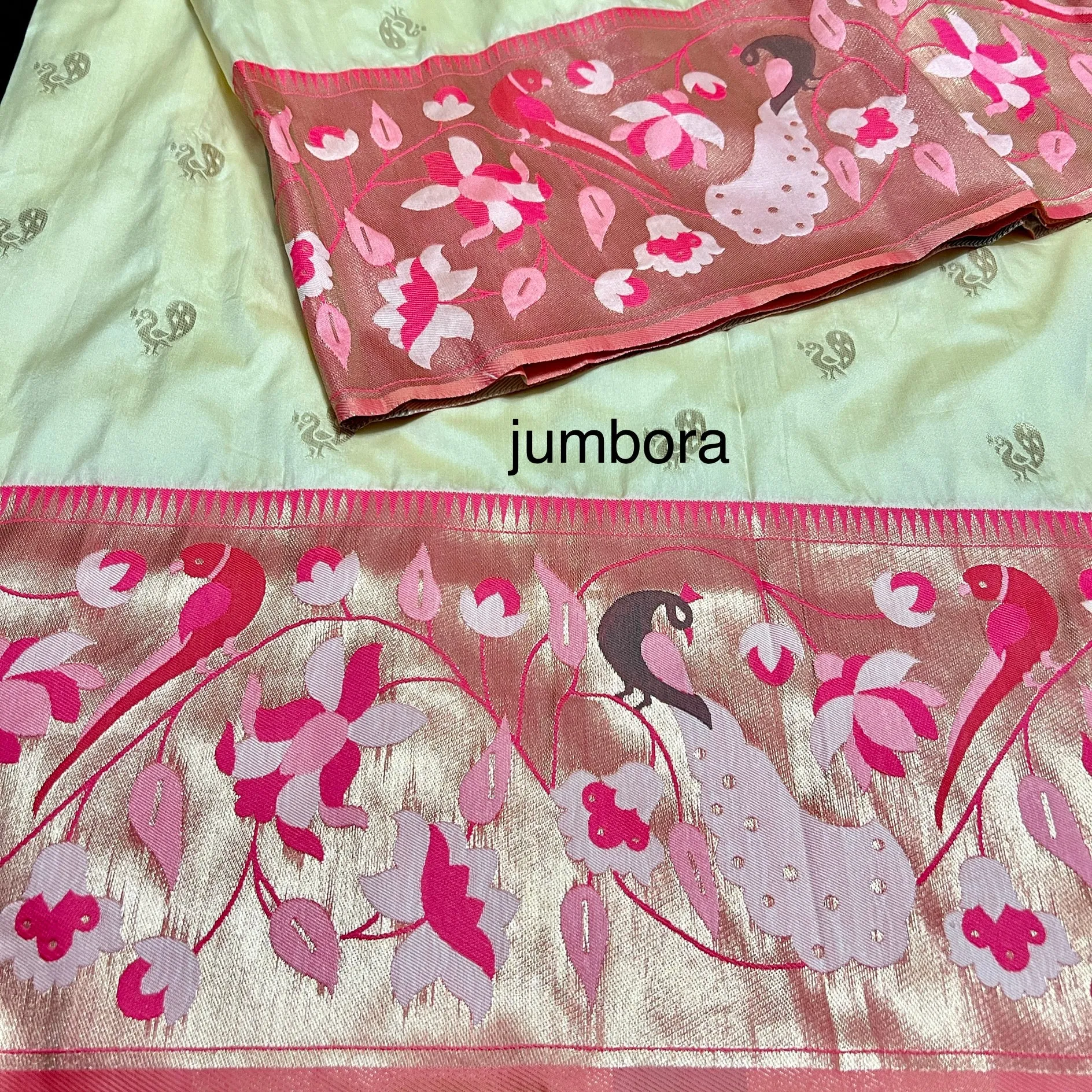 Cream Semi Katan Paithani silk saree with stitched blouse