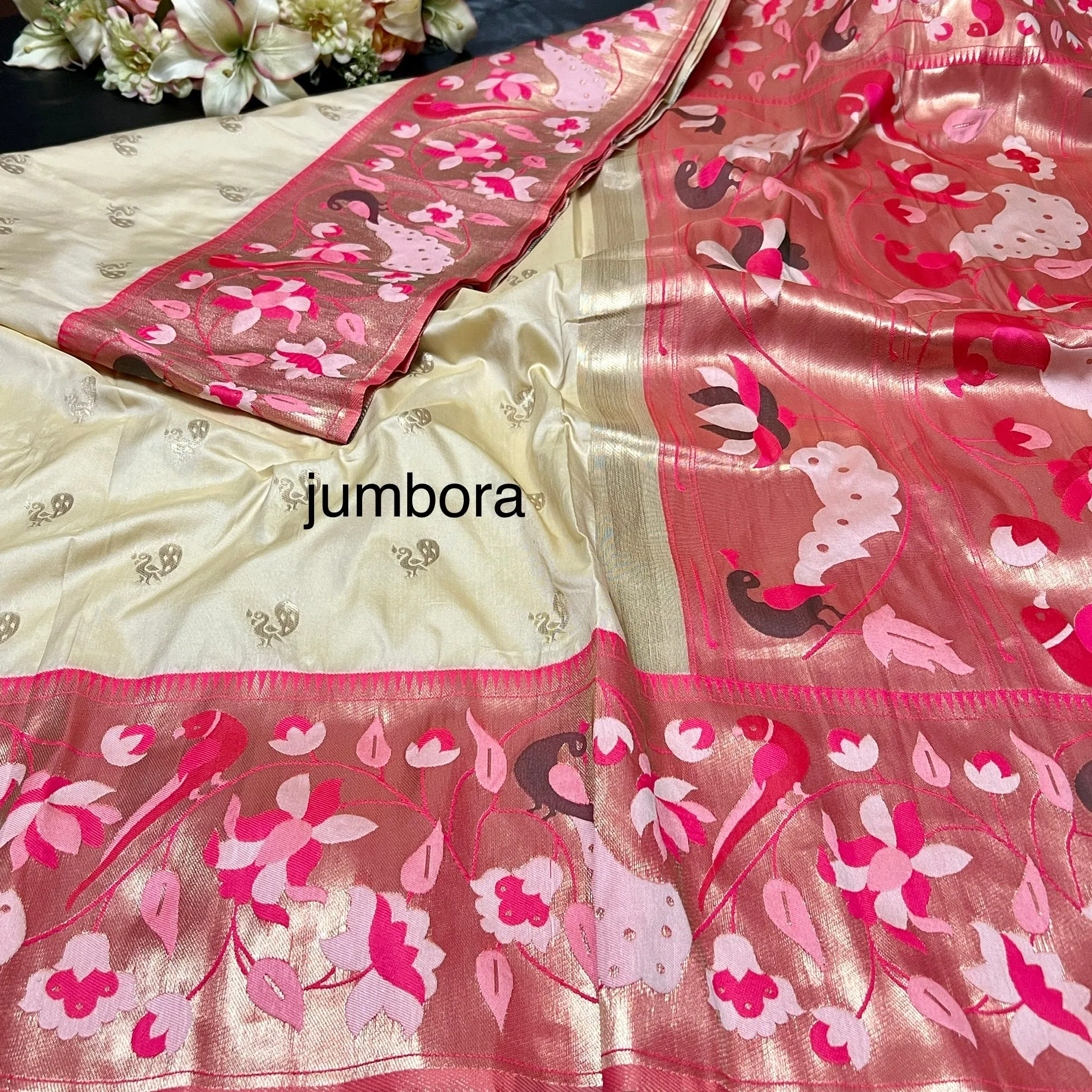 Cream Semi Katan Paithani silk saree with stitched blouse