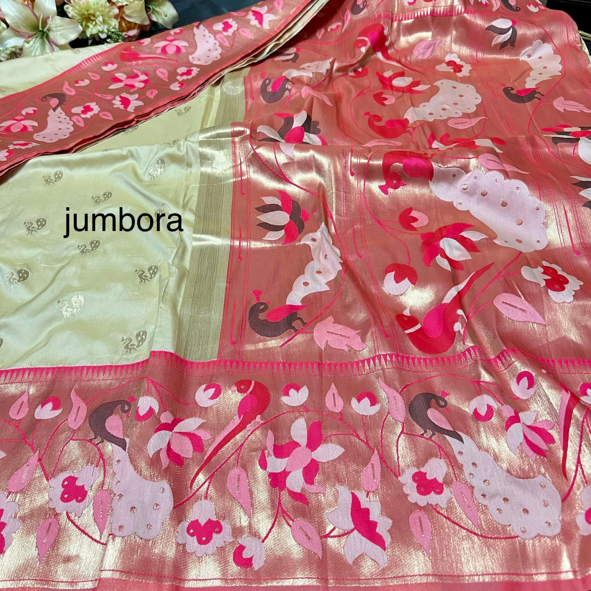 Cream Semi Katan Paithani silk saree with stitched blouse