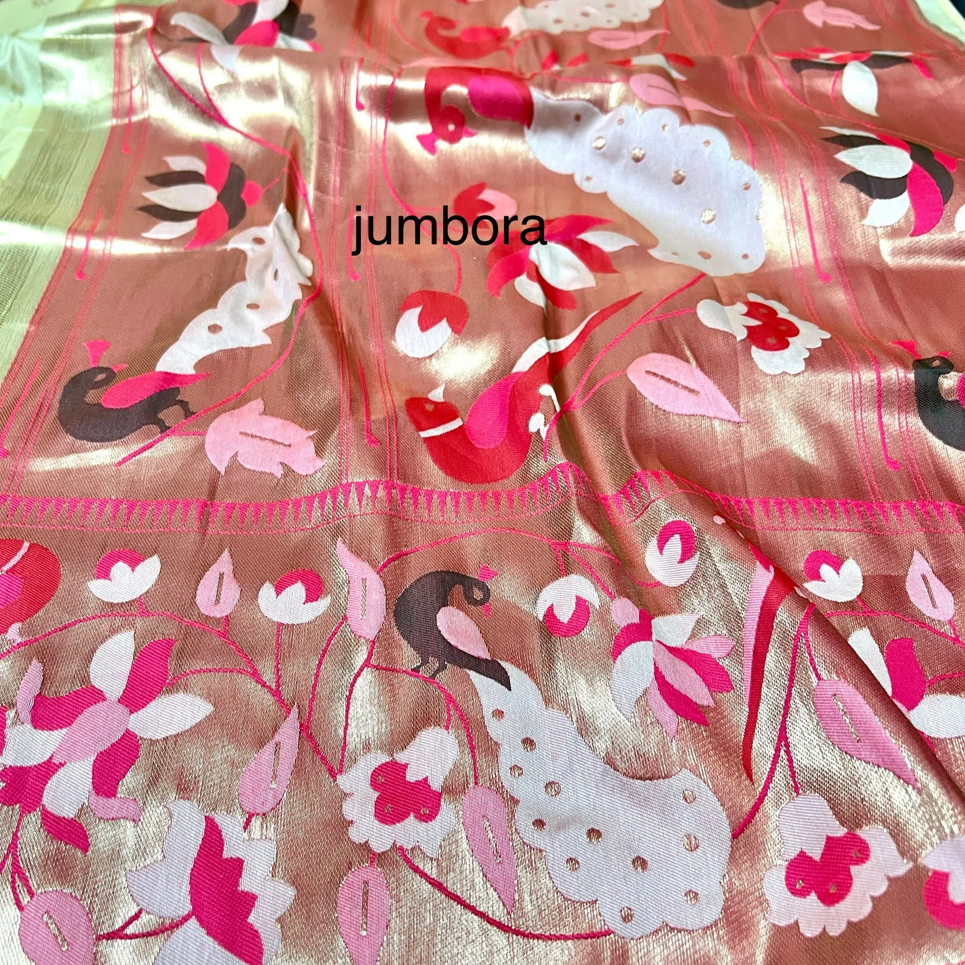 Cream Semi Katan Paithani silk saree with stitched blouse