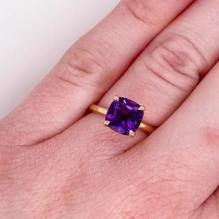 Cushion Cut Amethyst Solitaire Ring