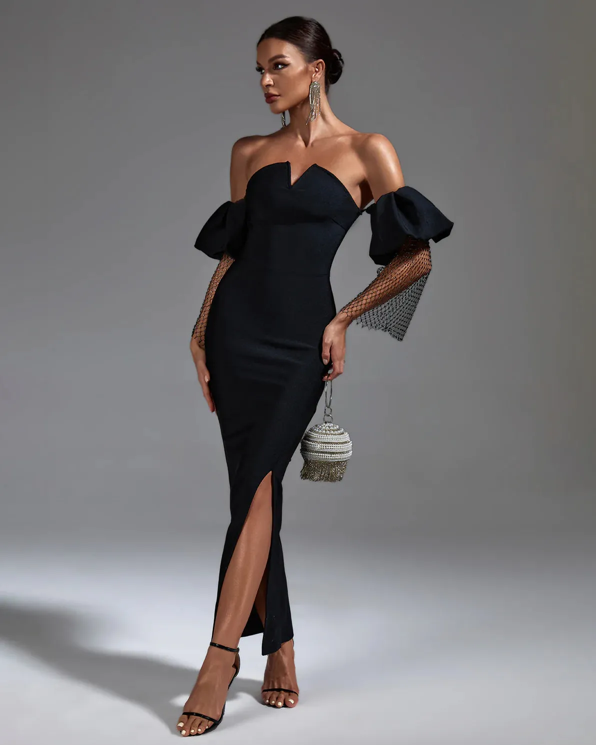 DAGMAR Black Puffed Sleeve Bandage Maxi  Dress