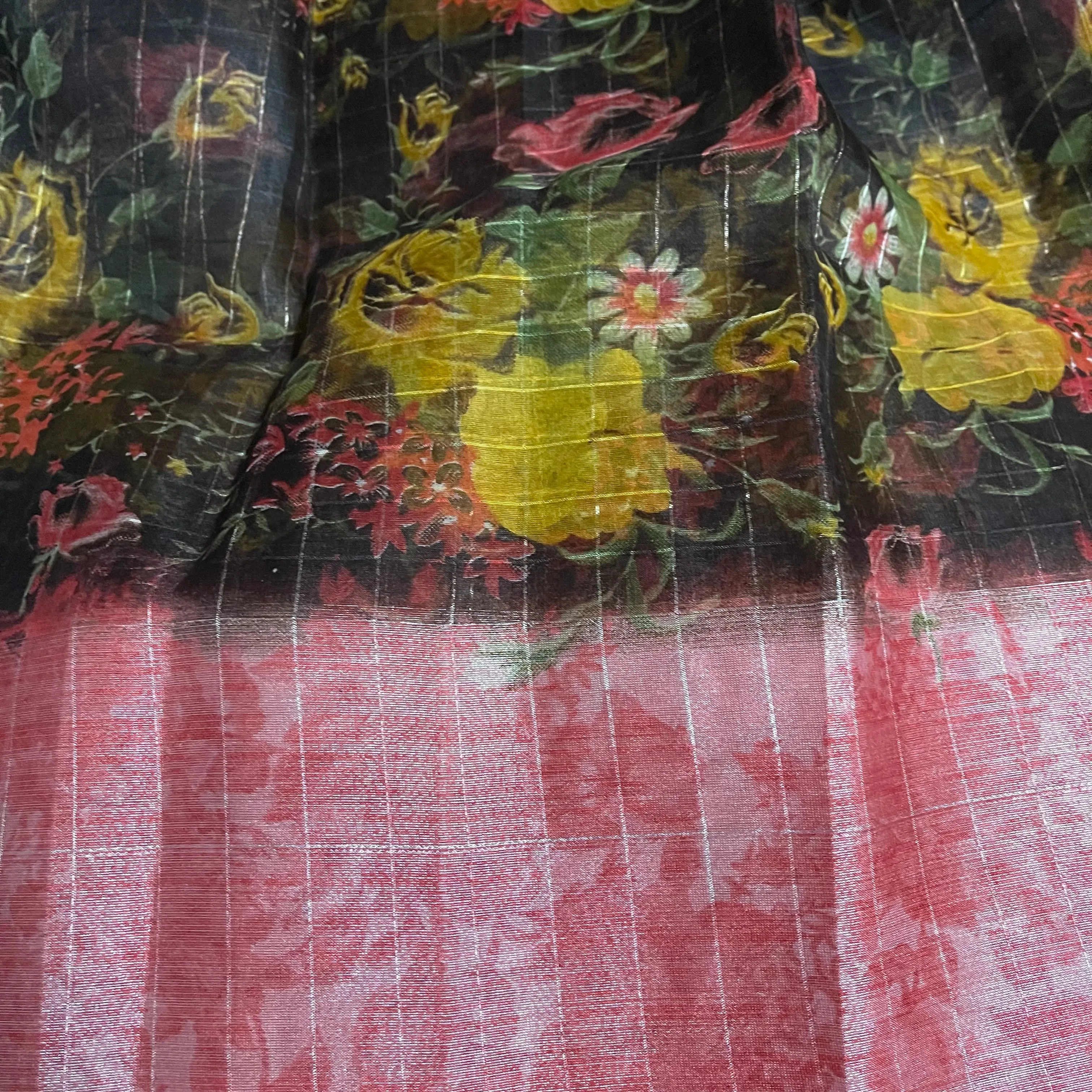 Dark Brown and Red Floral Organza Saree with stitched blouse