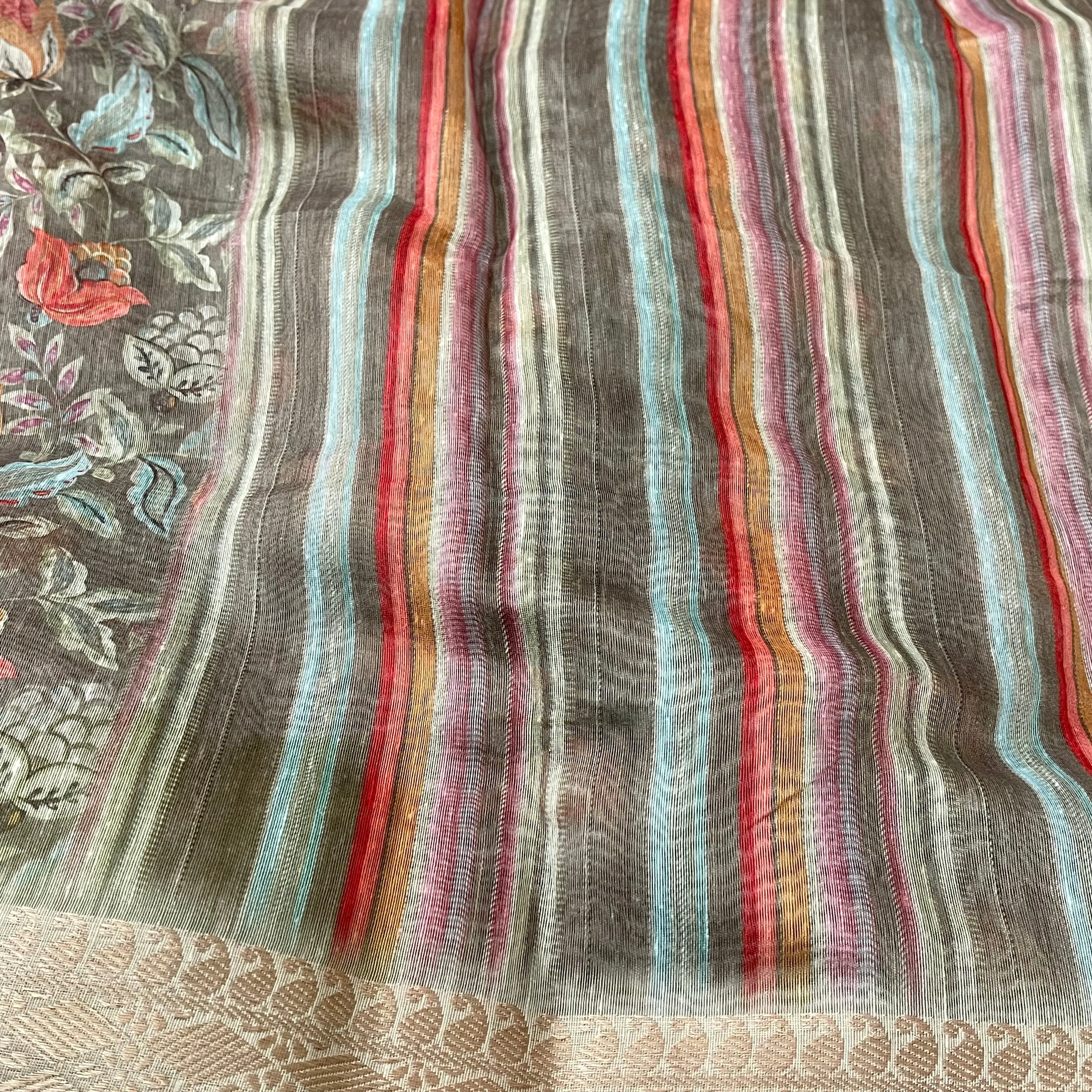 Digital Floral Print soft Linen cotton Saree with stitched blouse