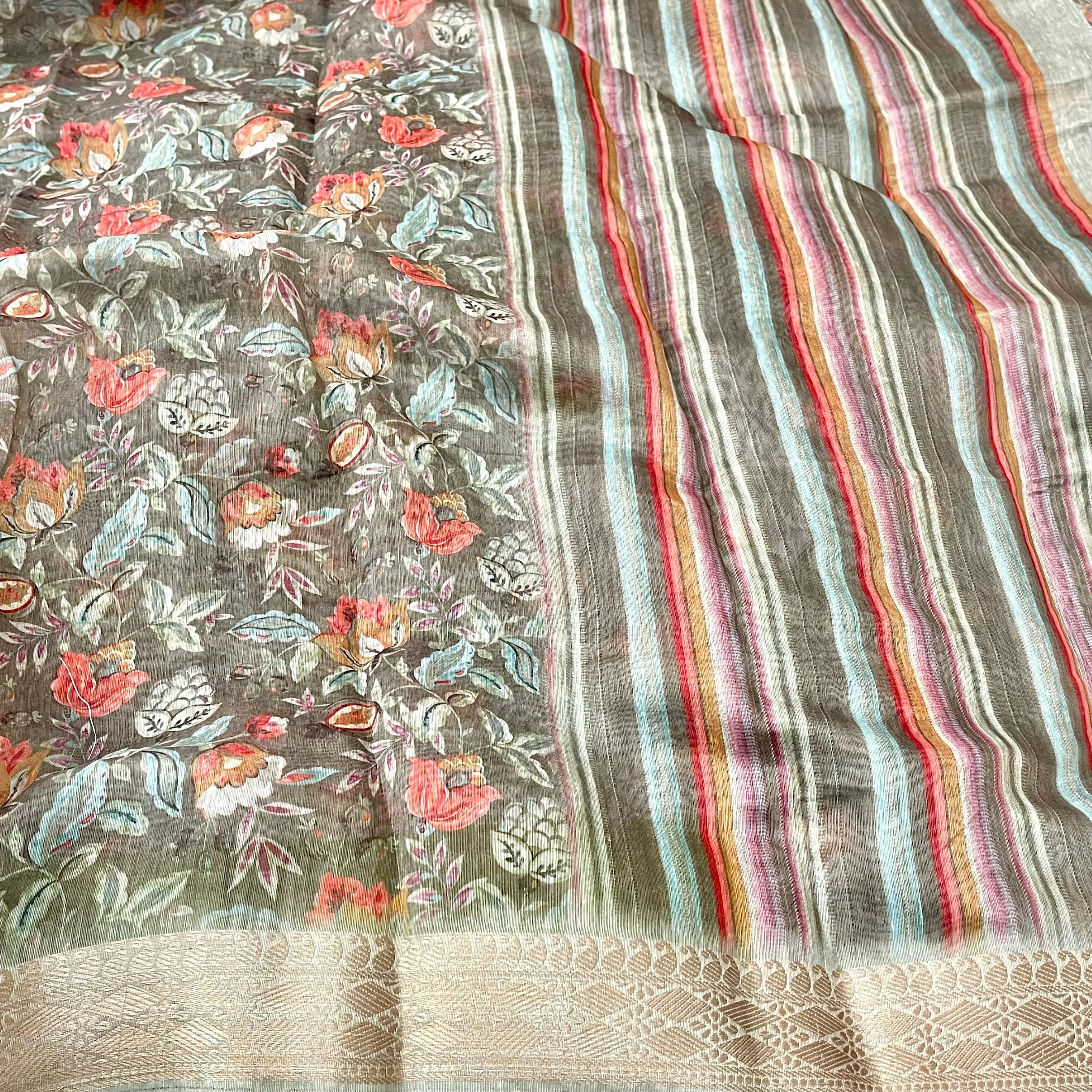 Digital Floral Print soft Linen cotton Saree with stitched blouse