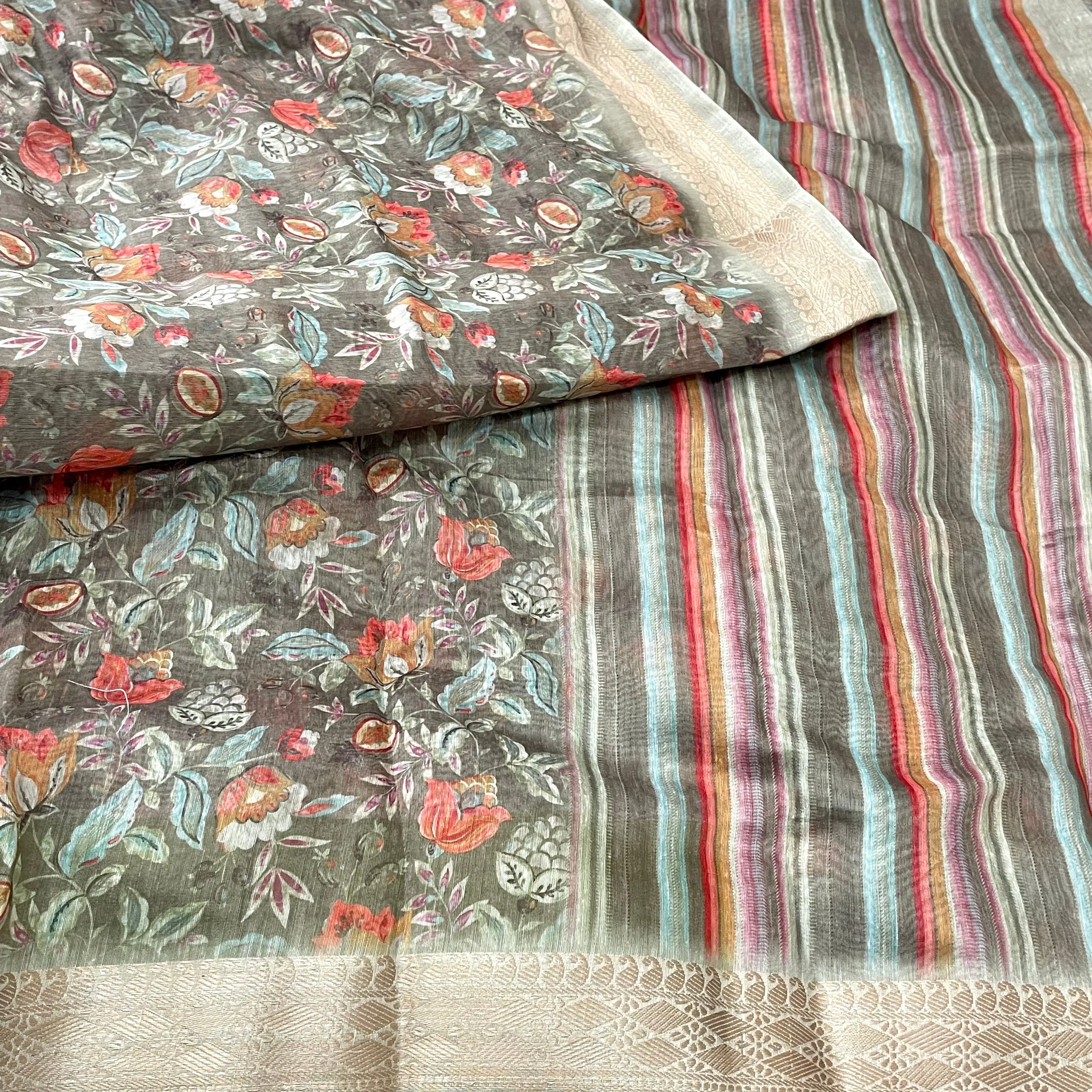 Digital Floral Print soft Linen cotton Saree with stitched blouse