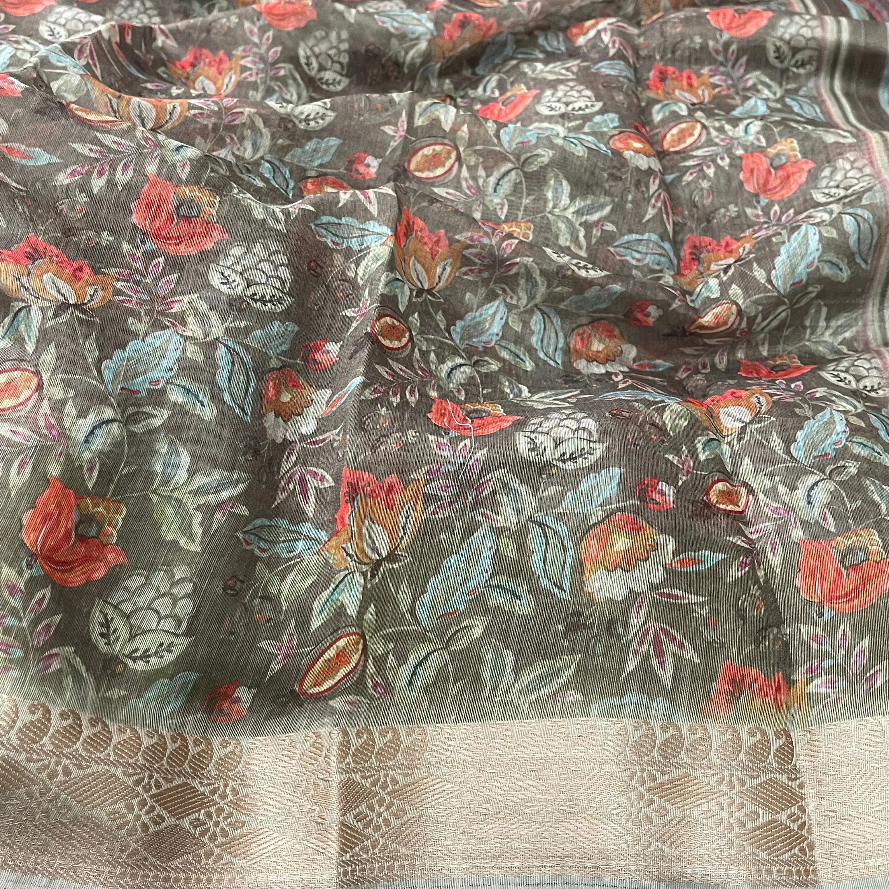 Digital Floral Print soft Linen cotton Saree with stitched blouse