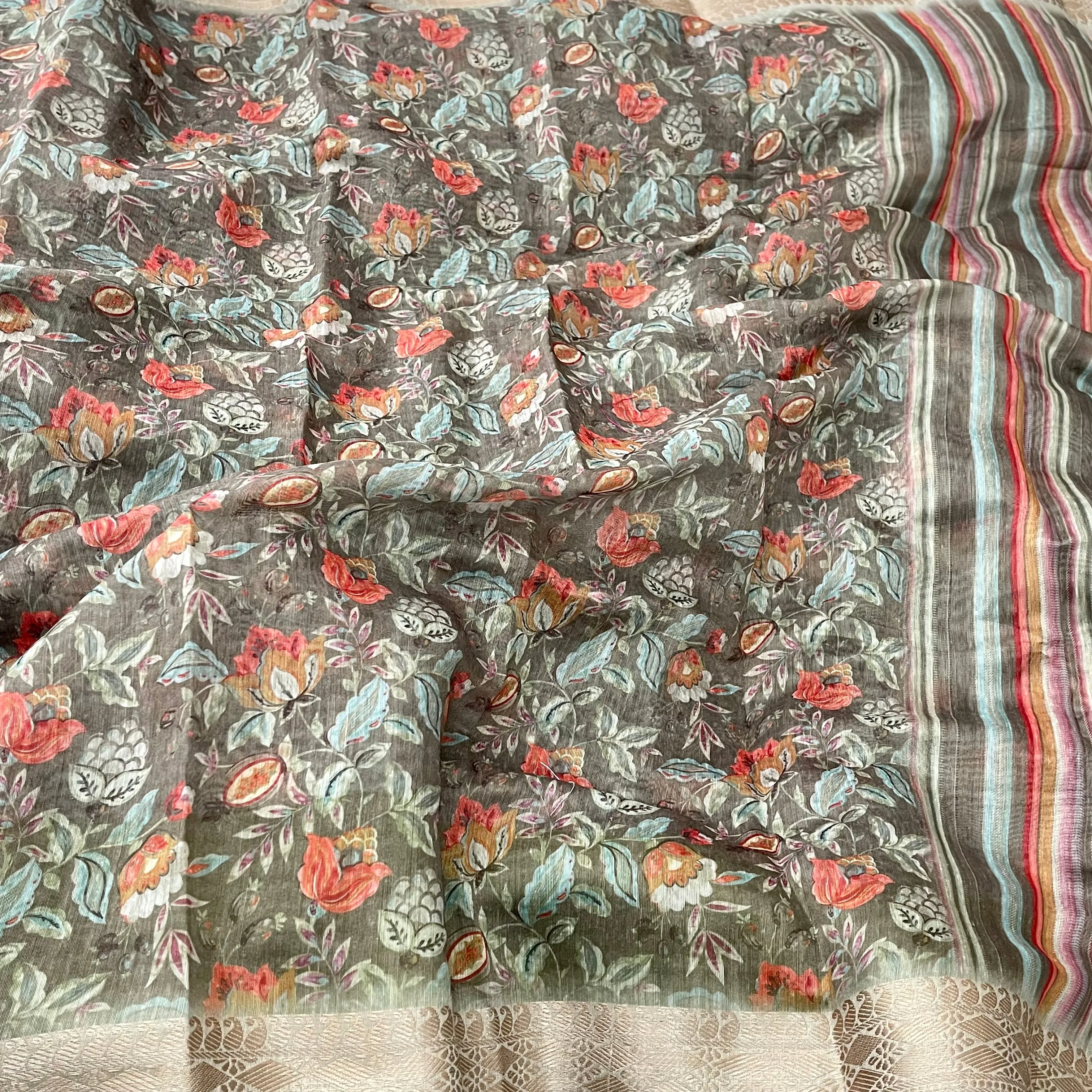 Digital Floral Print soft Linen cotton Saree with stitched blouse