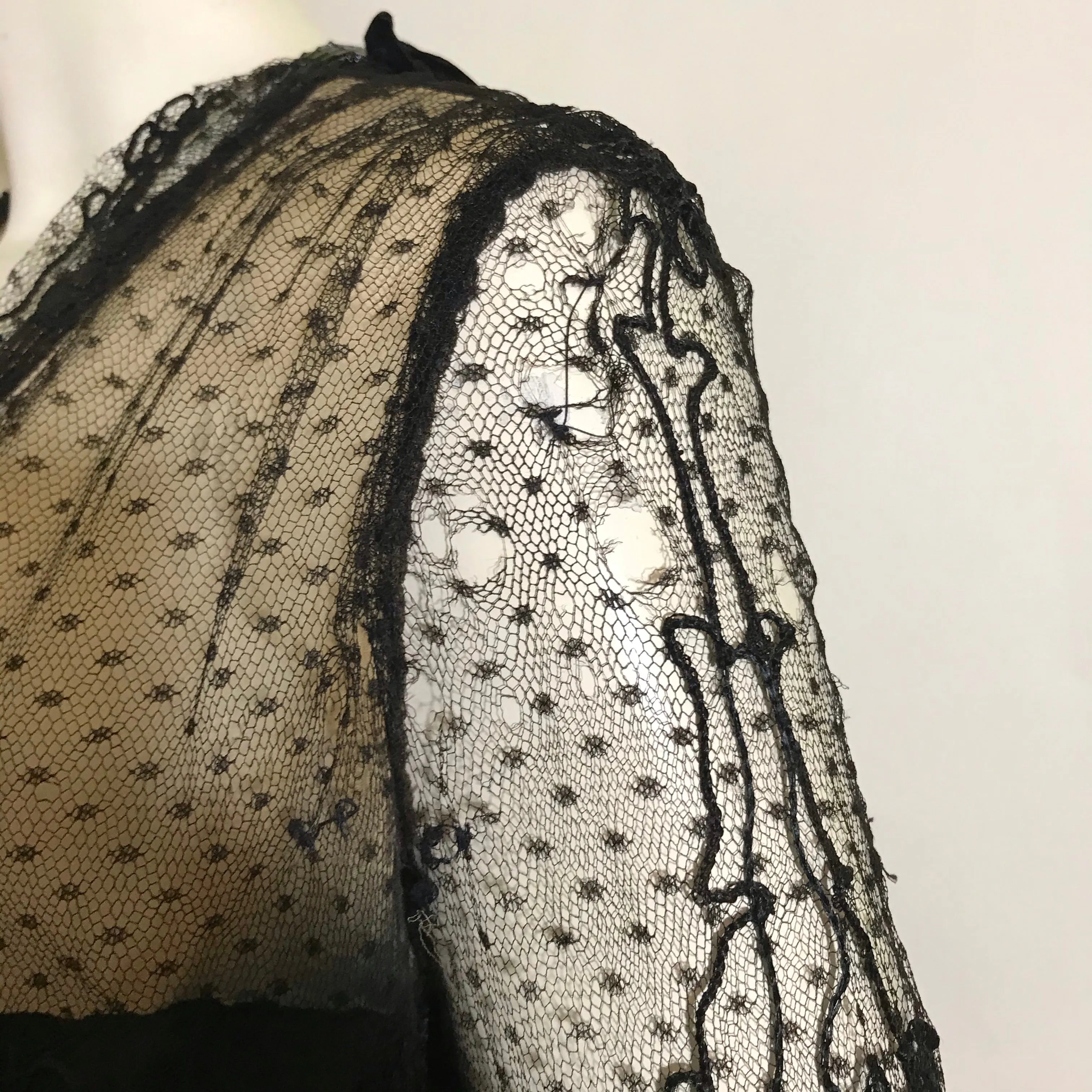 Elaborate Ink Black Silk Formal Dress with Beading Lace and Long Fringe circa 1910s