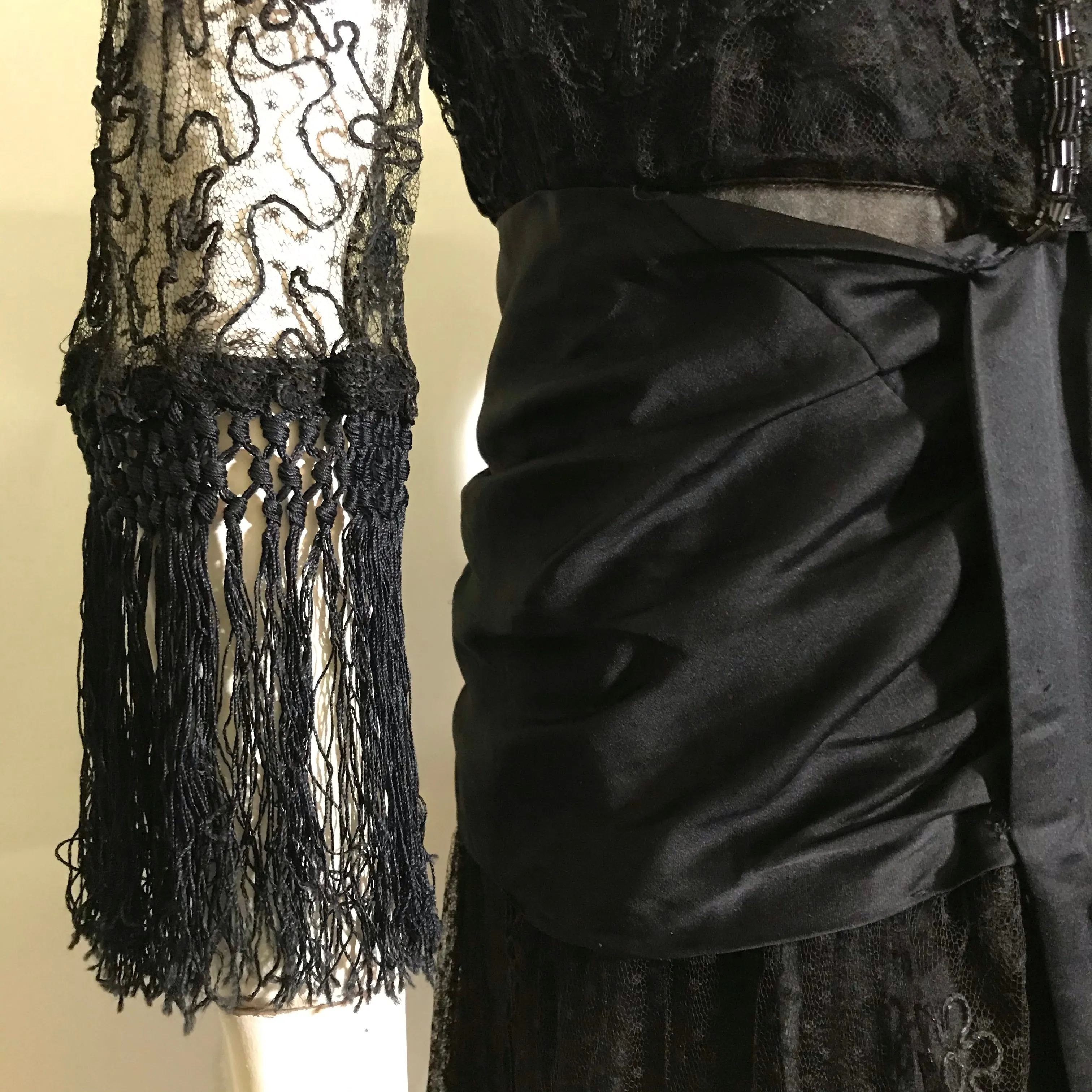 Elaborate Ink Black Silk Formal Dress with Beading Lace and Long Fringe circa 1910s