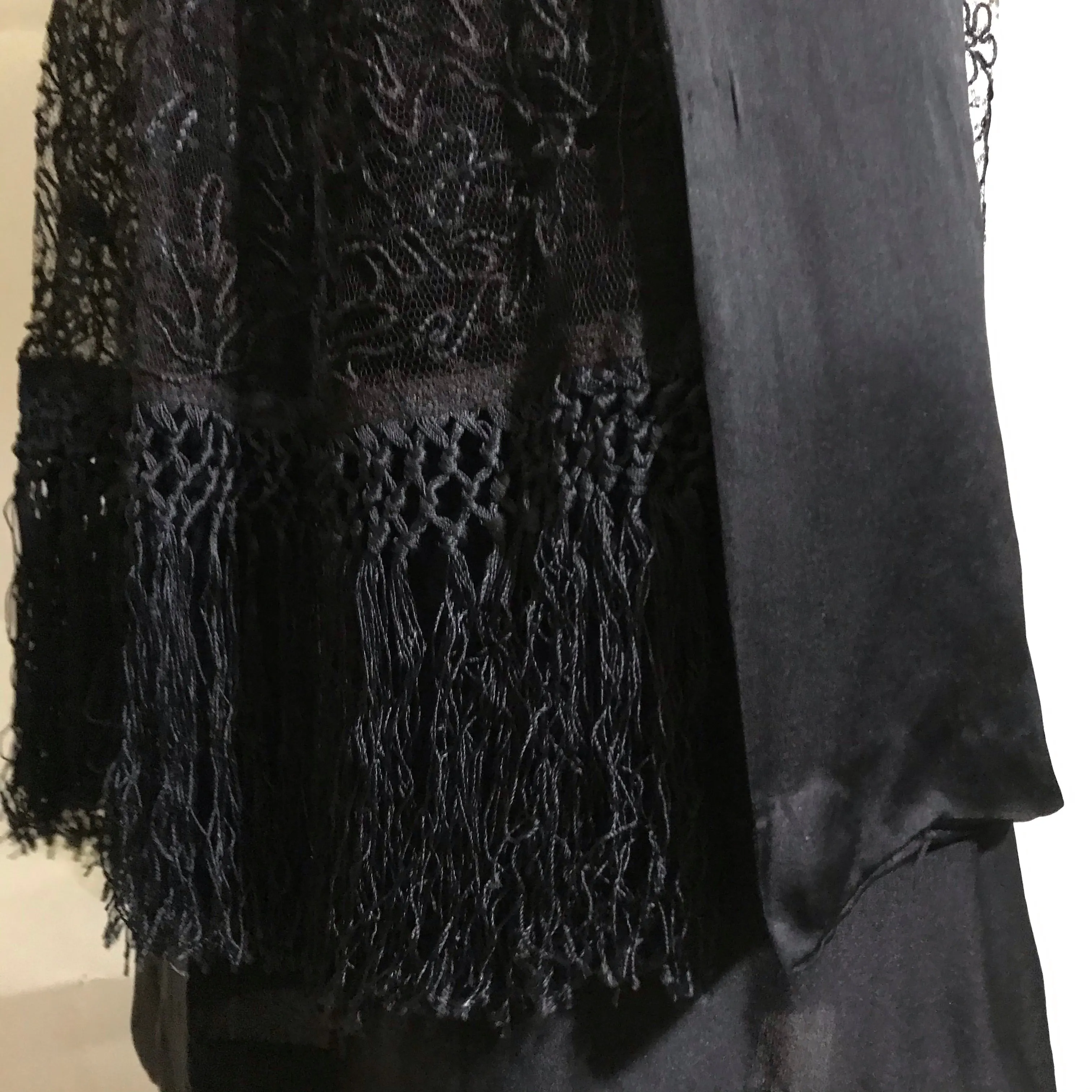 Elaborate Ink Black Silk Formal Dress with Beading Lace and Long Fringe circa 1910s