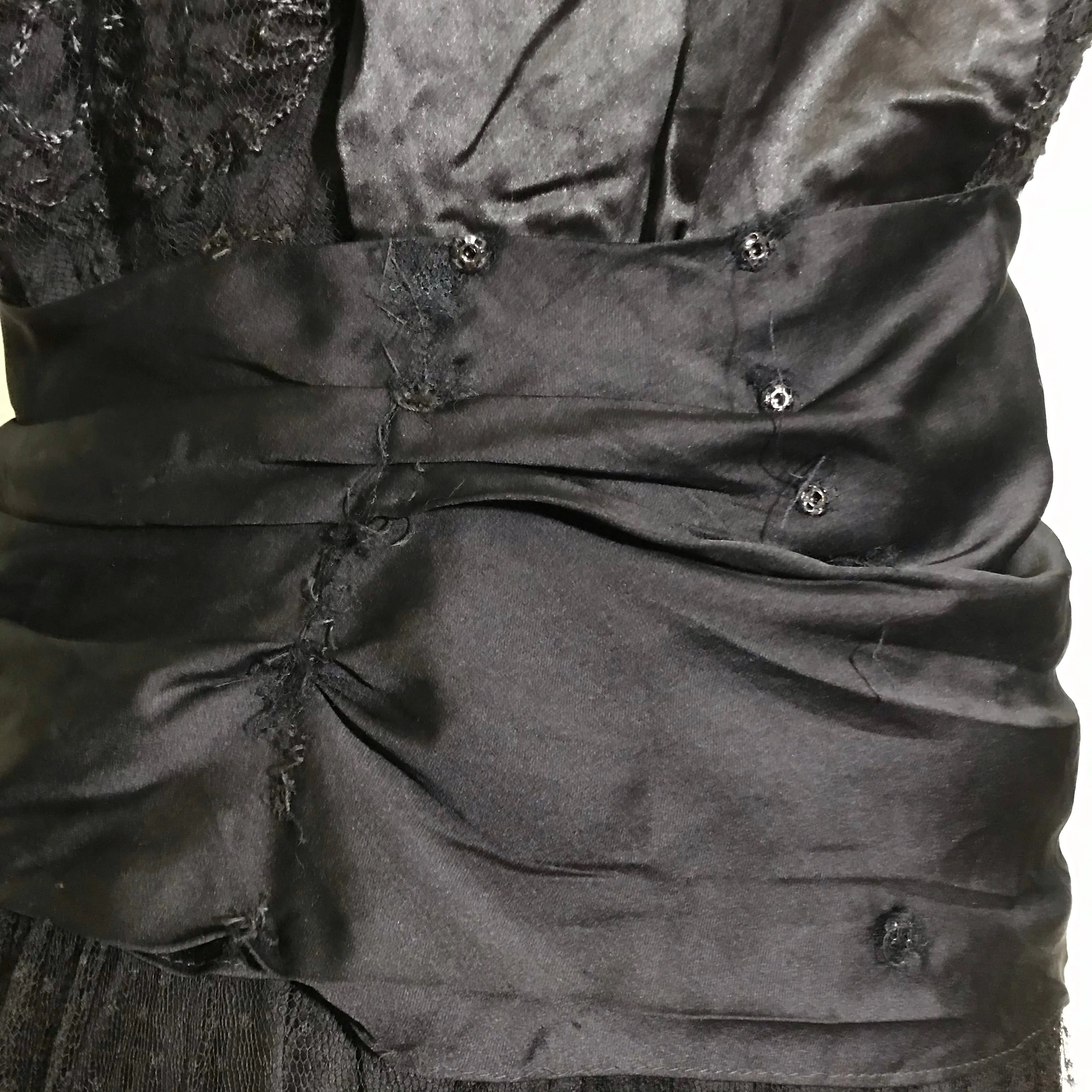 Elaborate Ink Black Silk Formal Dress with Beading Lace and Long Fringe circa 1910s