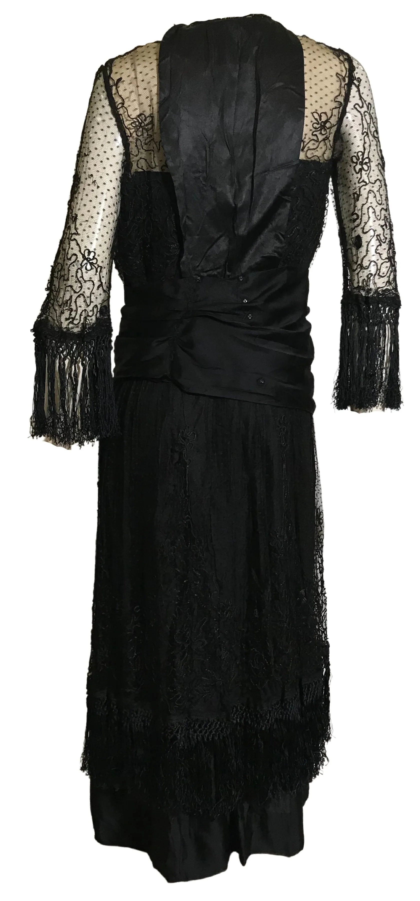 Elaborate Ink Black Silk Formal Dress with Beading Lace and Long Fringe circa 1910s