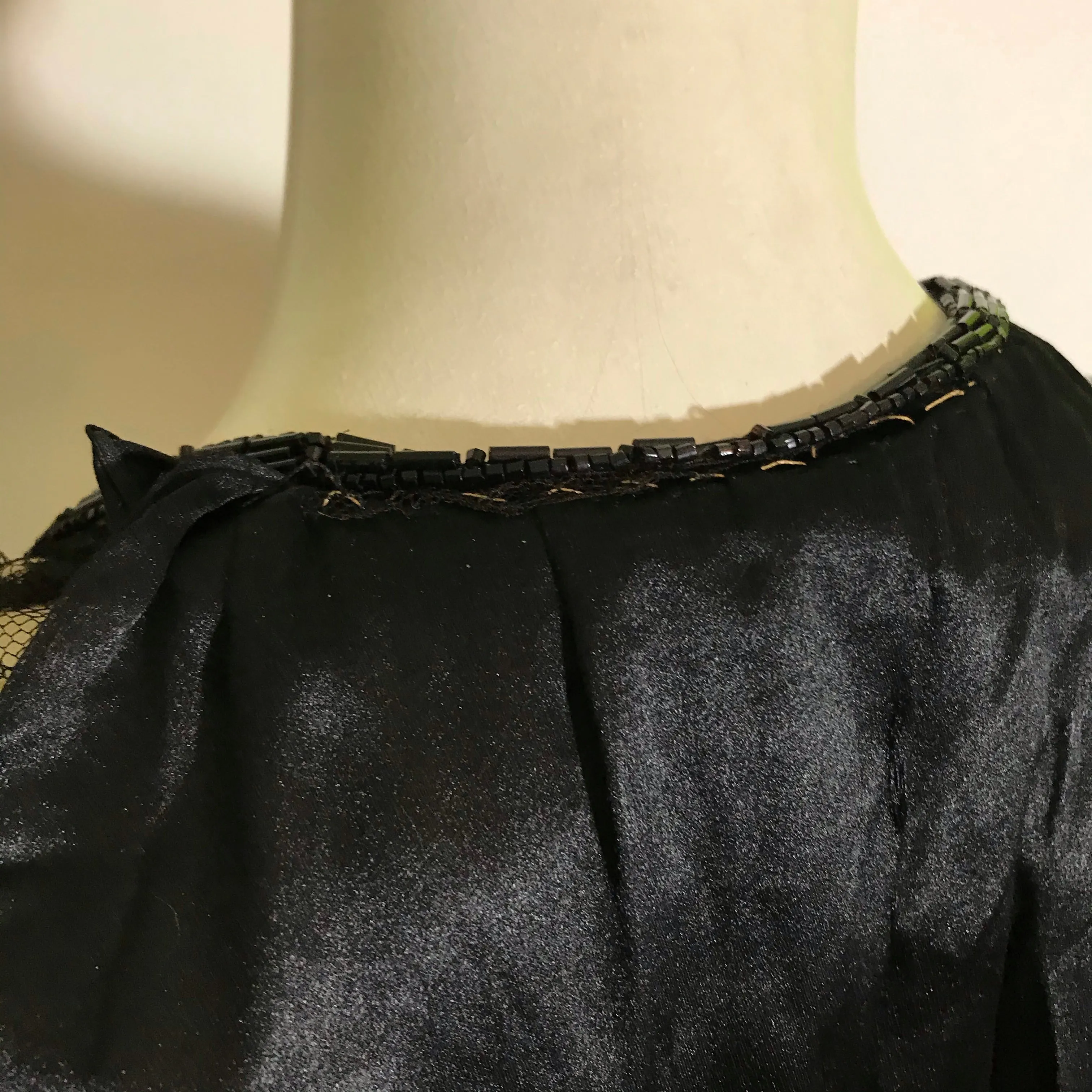 Elaborate Ink Black Silk Formal Dress with Beading Lace and Long Fringe circa 1910s