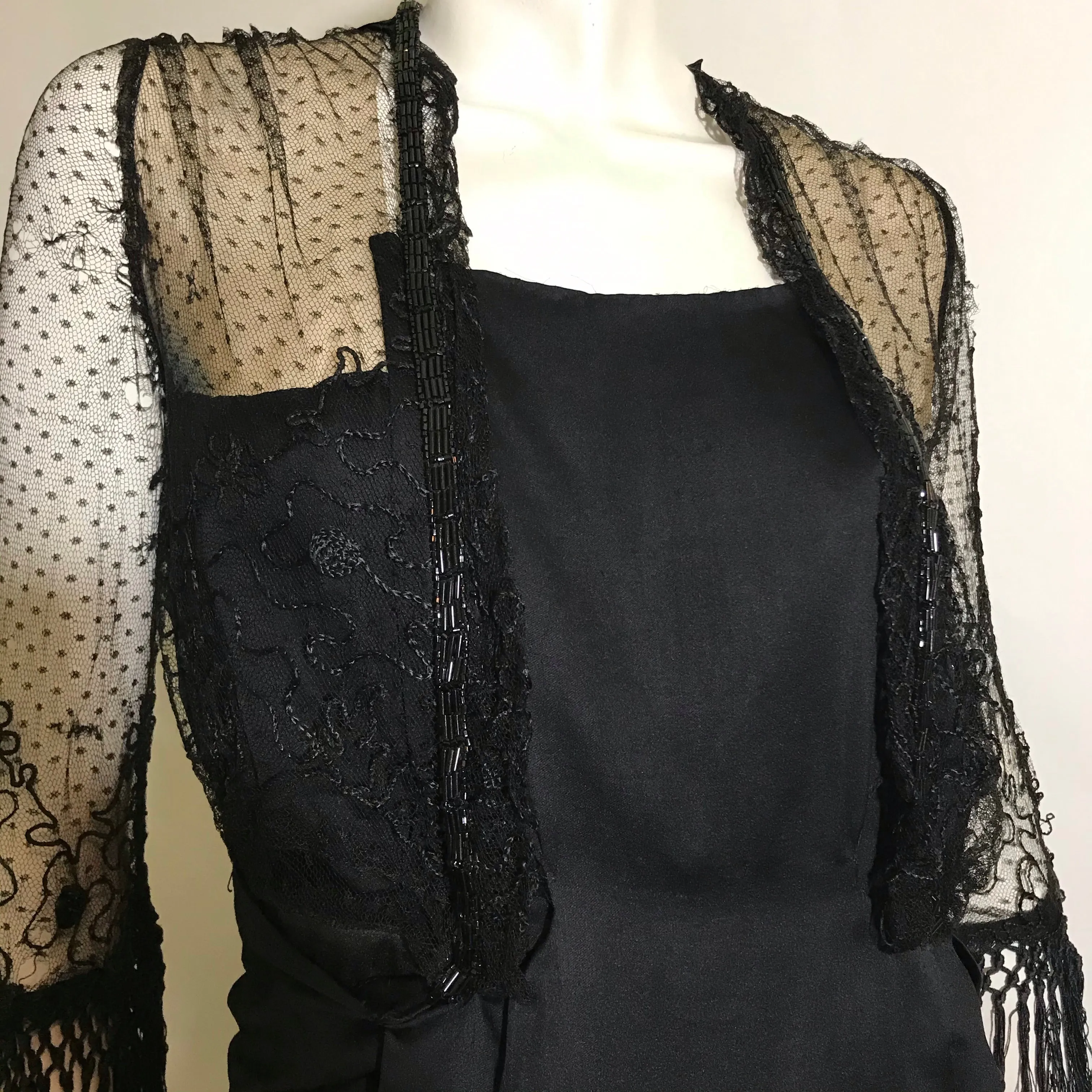 Elaborate Ink Black Silk Formal Dress with Beading Lace and Long Fringe circa 1910s