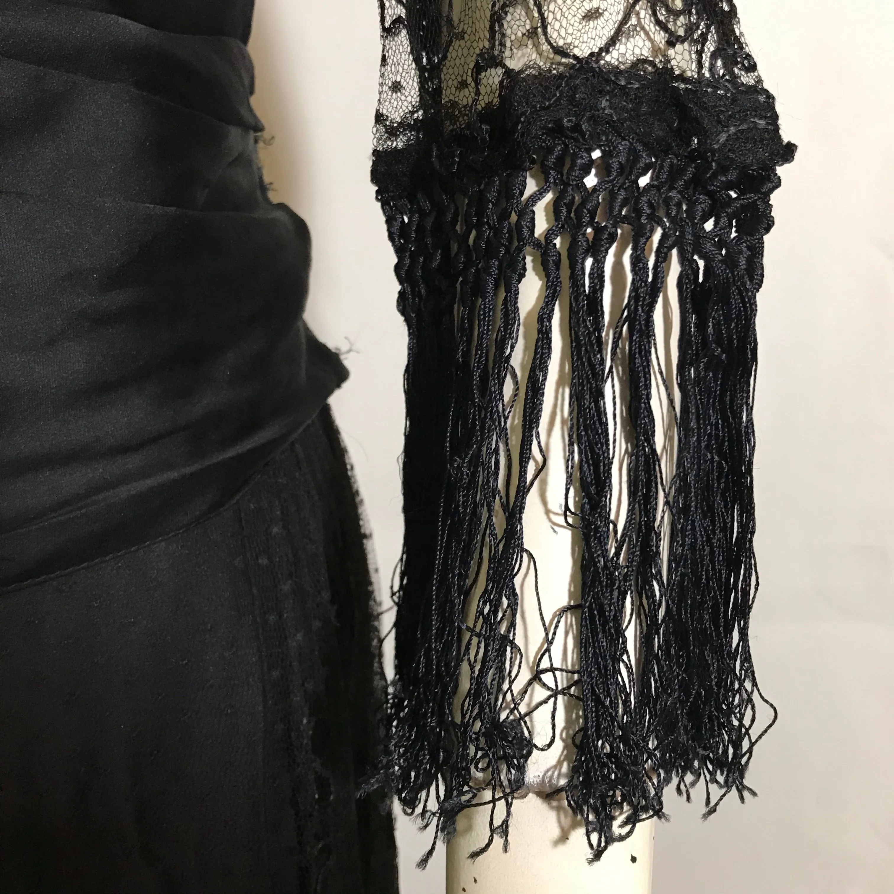 Elaborate Ink Black Silk Formal Dress with Beading Lace and Long Fringe circa 1910s