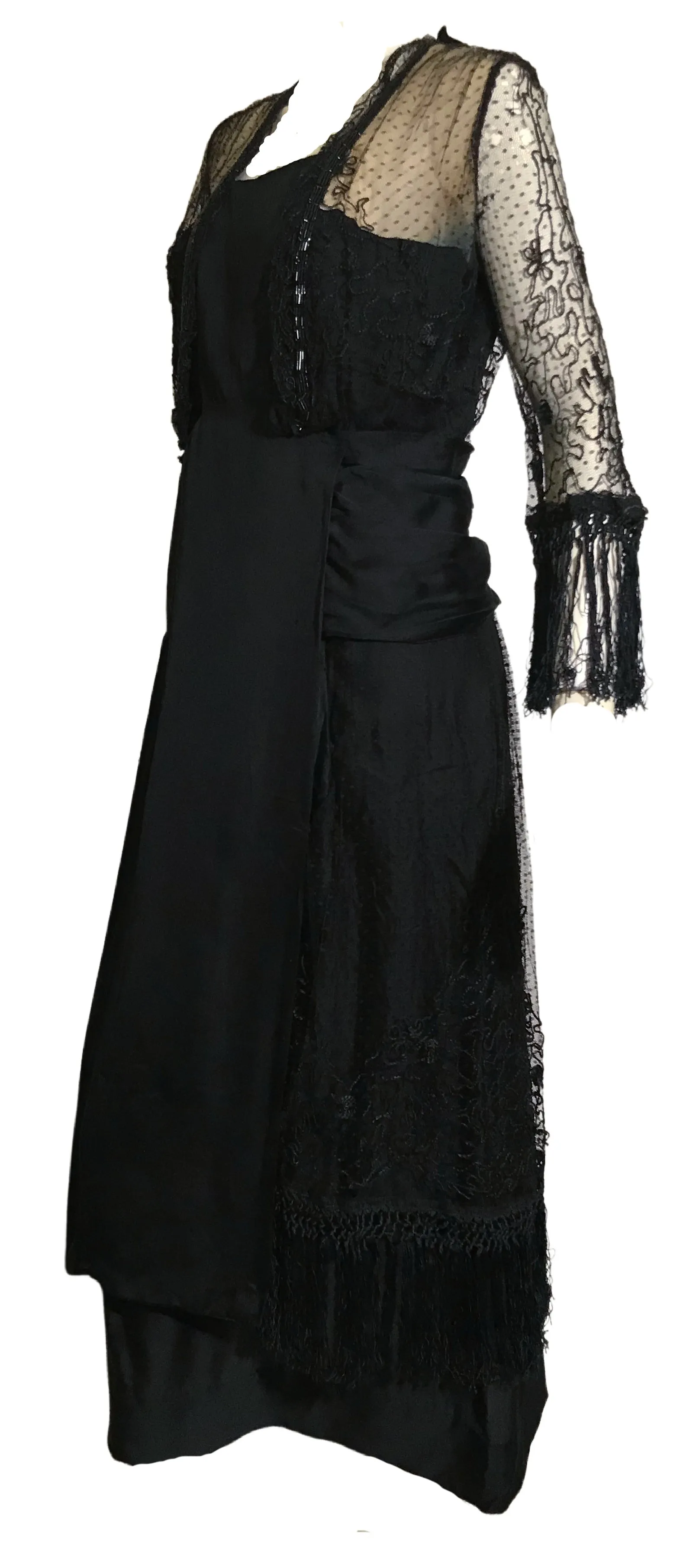 Elaborate Ink Black Silk Formal Dress with Beading Lace and Long Fringe circa 1910s