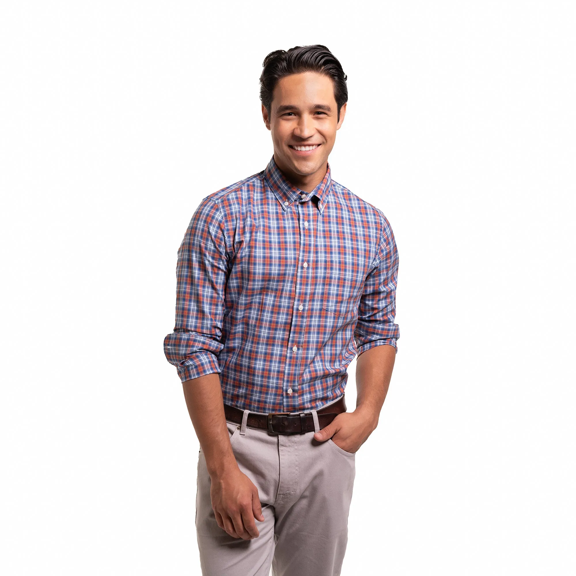 Everyday Stretch Oxford Standard Fit -  Navy Brown Plaid